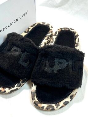 APL Black Fur lined Slides with Leopard Print Sole in women’s size 8.